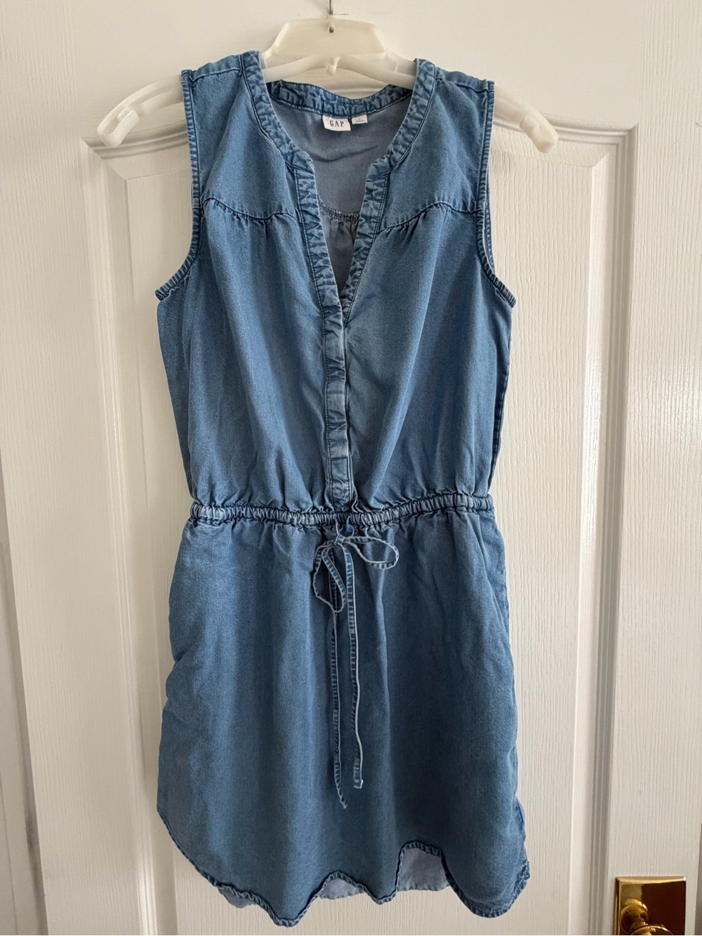 GAP Sleeveless Denim Drawstring Dress in Light Blue